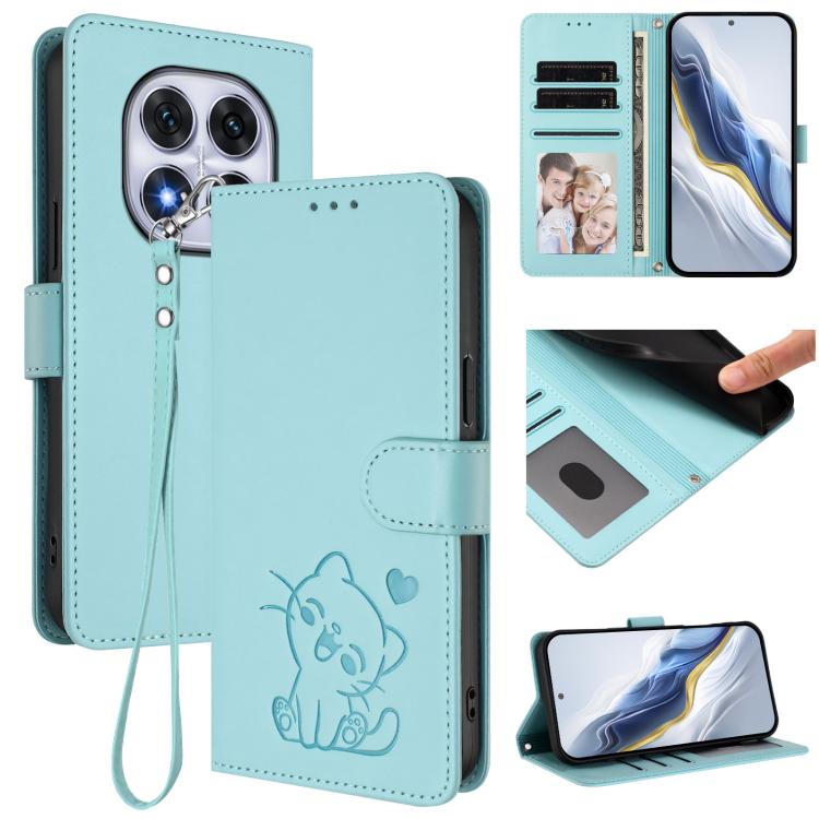 Embossed Heart Cat Leather Phone Case with Hand Strap, For Redmi Note 14 5G India / Xiaomi M7 Pro 5G, For Redmi Note 14 Pro 4G Global