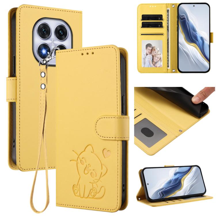 Embossed Heart Cat Leather Phone Case with Hand Strap, For Redmi Note 14 5G India / Xiaomi M7 Pro 5G, For Redmi Note 14 Pro 4G Global