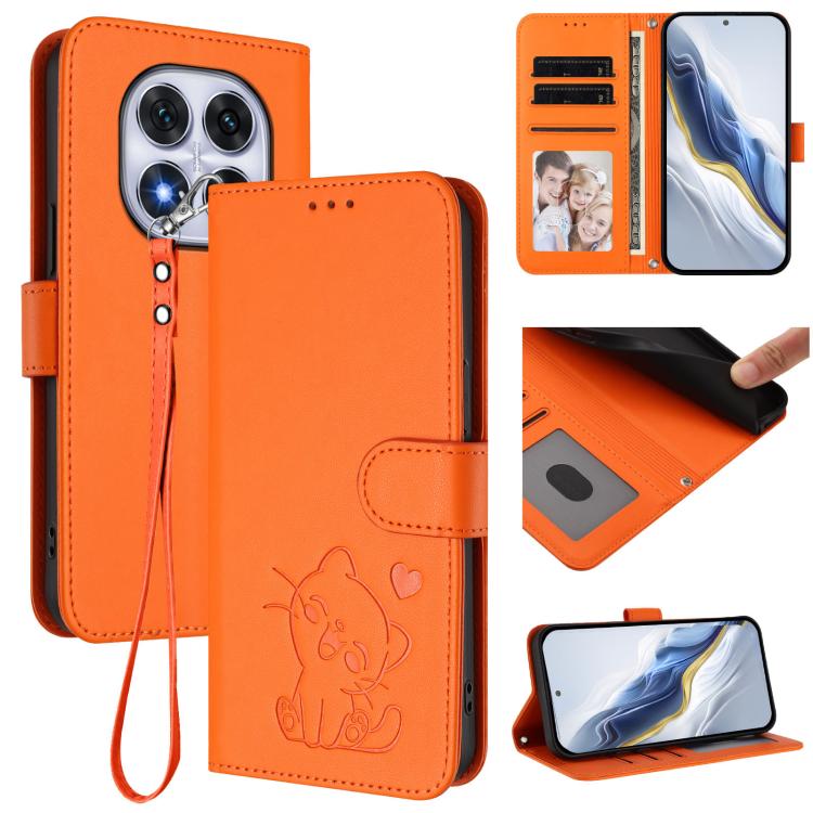 Embossed Heart Cat Leather Phone Case with Hand Strap, For Redmi Note 14 5G India / Xiaomi M7 Pro 5G, For Redmi Note 14 Pro 4G Global