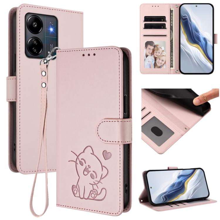 Embossed Heart Cat Leather Phone Case with Hand Strap, For Redmi 13C 4G / 5G / Xiaomi Poco C65, For Redmi Note 13 4G Global