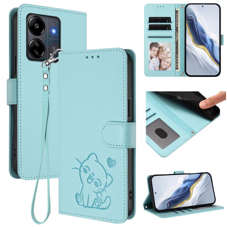 Embossed Heart Cat Leather Phone Case with Hand Strap, For Redmi 13C 4G / 5G / Xiaomi Poco C65, For Redmi Note 13 4G Global
