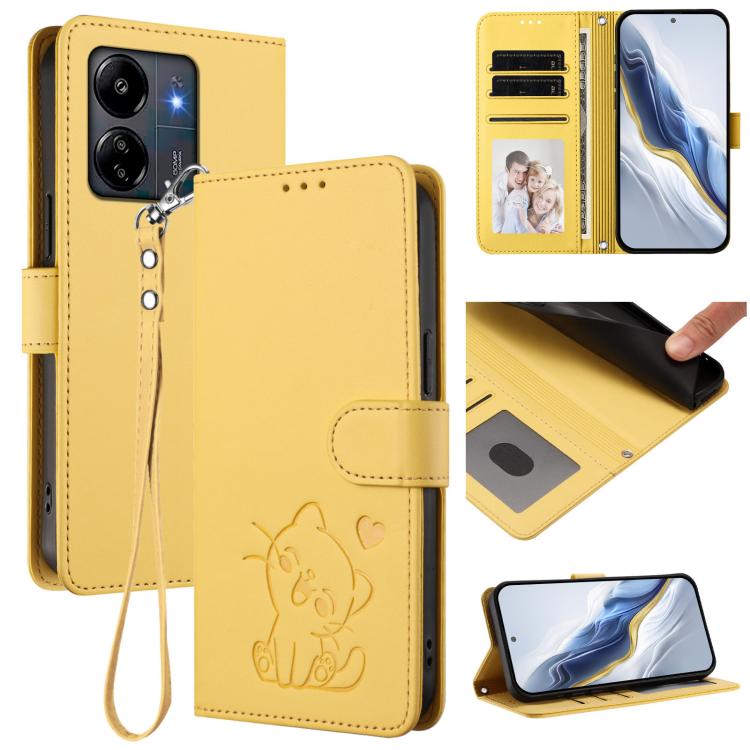 Embossed Heart Cat Leather Phone Case with Hand Strap, For Redmi 13C 4G / 5G / Xiaomi Poco C65, For Redmi Note 13 4G Global