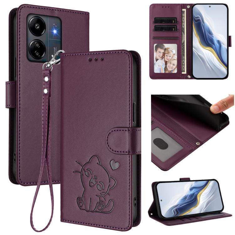 Embossed Heart Cat Leather Phone Case with Hand Strap, For Redmi 13C 4G / 5G / Xiaomi Poco C65, For Redmi Note 13 4G Global
