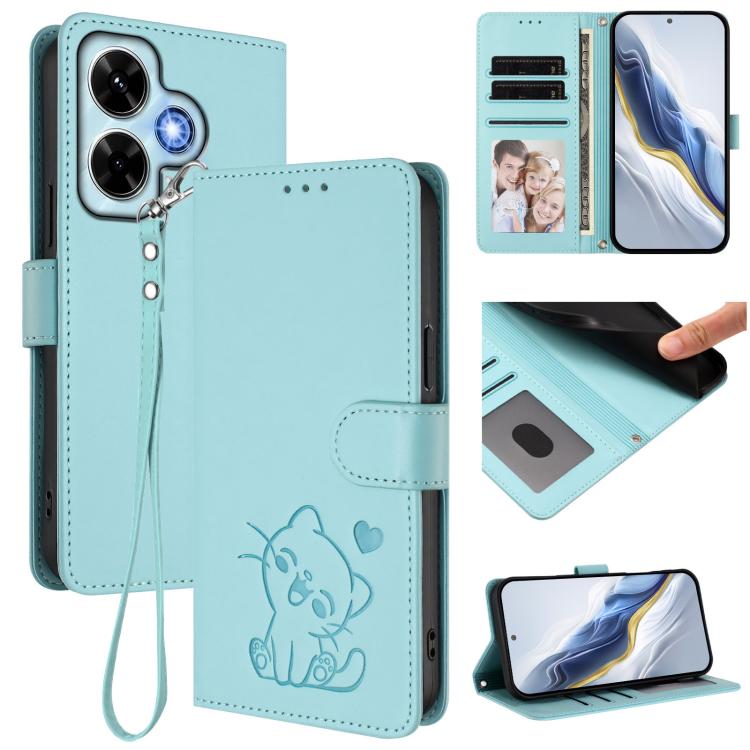 Embossed Heart Cat Leather Phone Case with Hand Strap, For Redmi 13C 4G / 5G / Xiaomi Poco C65, For Redmi Note 13 4G Global