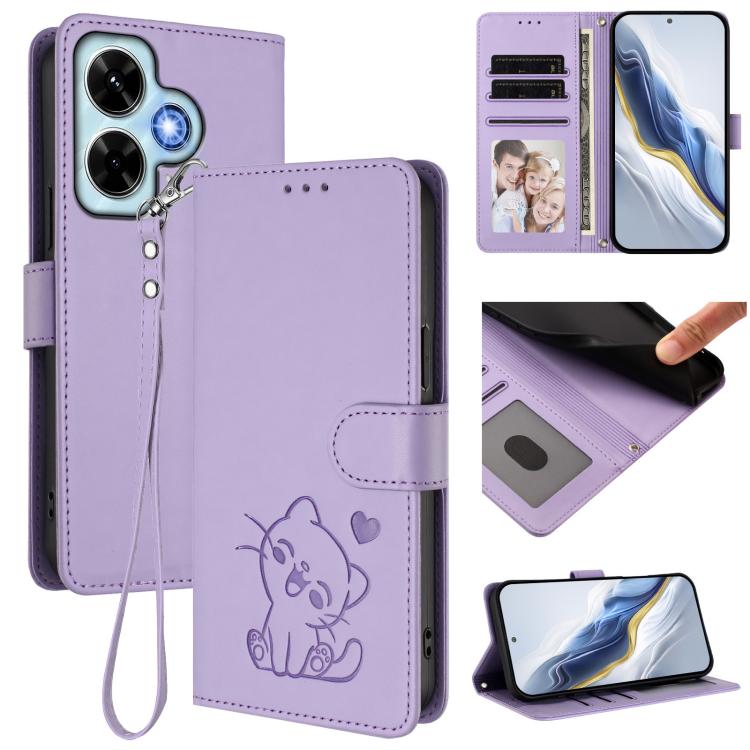 Embossed Heart Cat Leather Phone Case with Hand Strap, For Redmi 13C 4G / 5G / Xiaomi Poco C65, For Redmi Note 13 4G Global