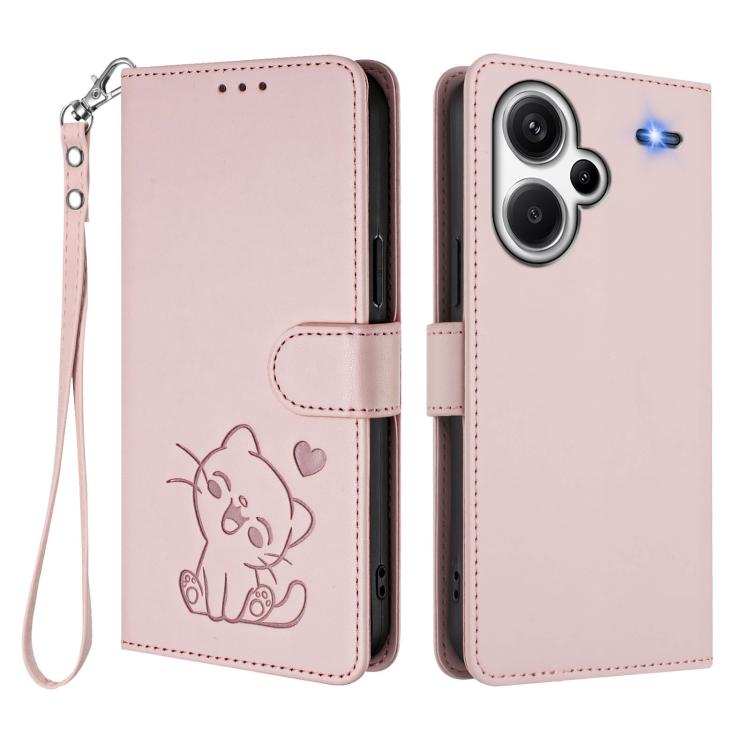 Embossed Heart Cat Leather Phone Case with Hand Strap, For Redmi Note 13 Pro+ 5G Global, For Redmi 12 4G / 5G / Note 12R