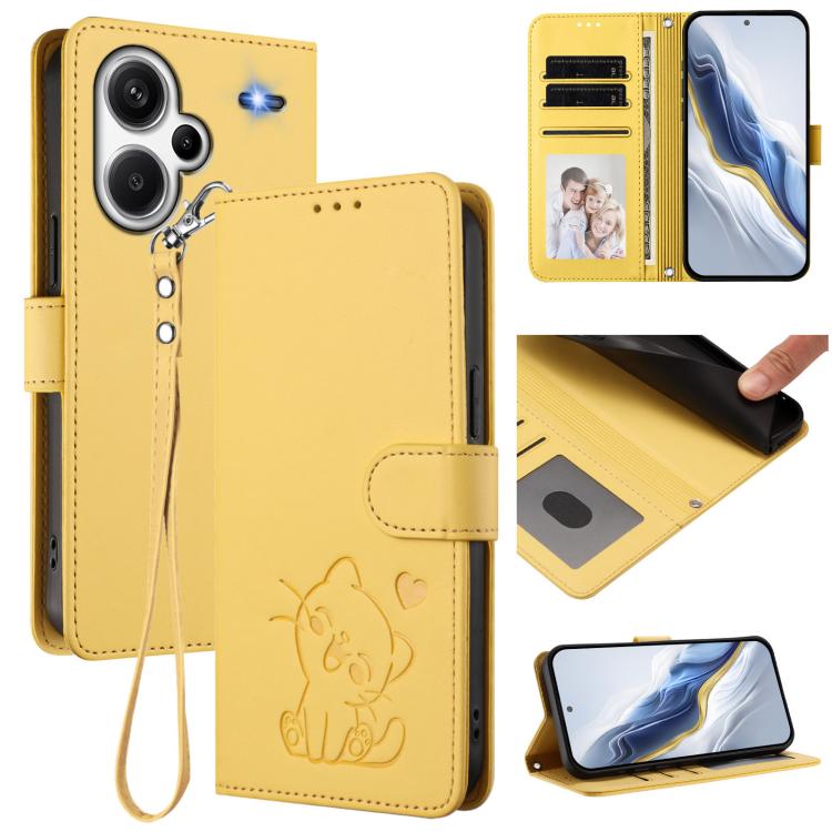 Embossed Heart Cat Leather Phone Case with Hand Strap, For Redmi Note 13 Pro+ 5G Global, For Redmi 12 4G / 5G / Note 12R