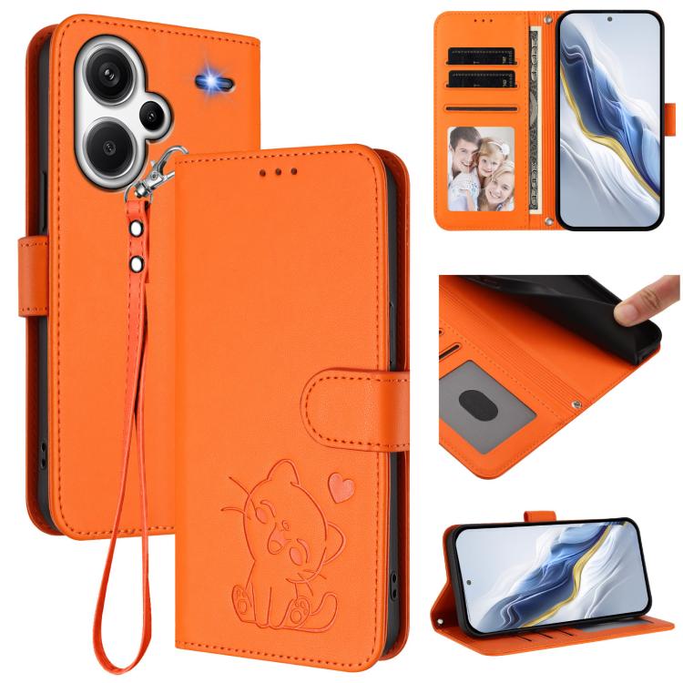 Embossed Heart Cat Leather Phone Case with Hand Strap, For Redmi Note 13 Pro+ 5G Global, For Redmi 12 4G / 5G / Note 12R