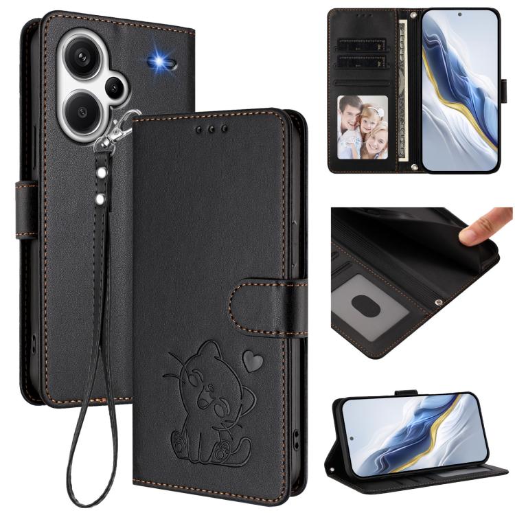Embossed Heart Cat Leather Phone Case with Hand Strap, For Redmi Note 13 Pro+ 5G Global, For Redmi 12 4G / 5G / Note 12R