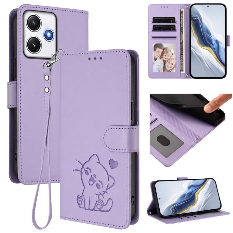 Embossed Heart Cat Leather Phone Case with Hand Strap, For Redmi Note 13 Pro+ 5G Global, For Redmi 12 4G / 5G / Note 12R