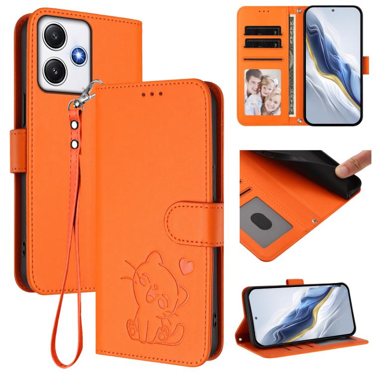 Embossed Heart Cat Leather Phone Case with Hand Strap, For Redmi Note 13 Pro+ 5G Global, For Redmi 12 4G / 5G / Note 12R