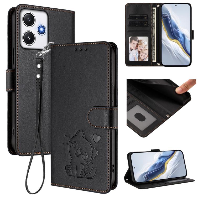 Embossed Heart Cat Leather Phone Case with Hand Strap, For Redmi Note 13 Pro+ 5G Global, For Redmi 12 4G / 5G / Note 12R