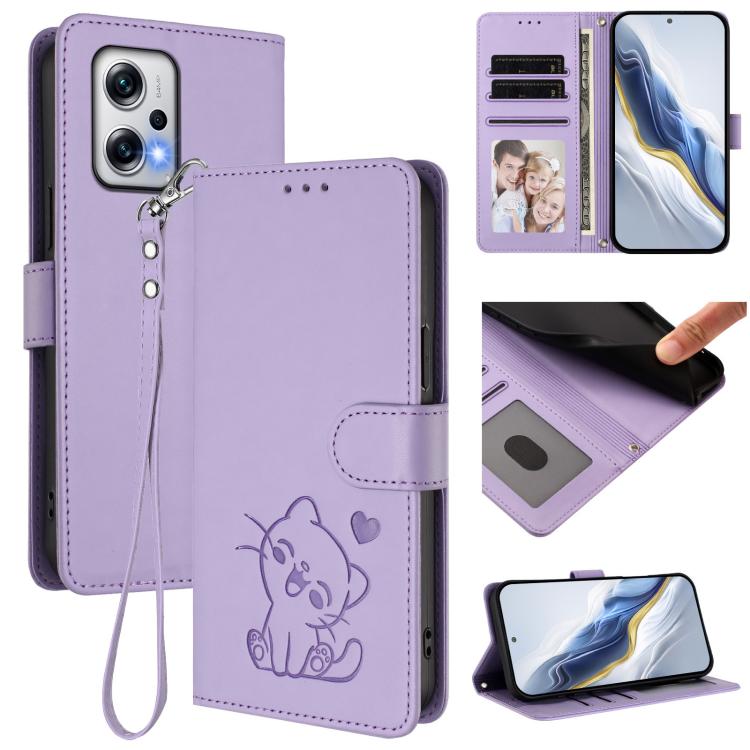 Embossed Heart Cat Leather Phone Case with Hand Strap, For Redmi K50i / Note 12T Pro, For Redmi Note 12 Turbo 5G / Xiaomi Poco F5
