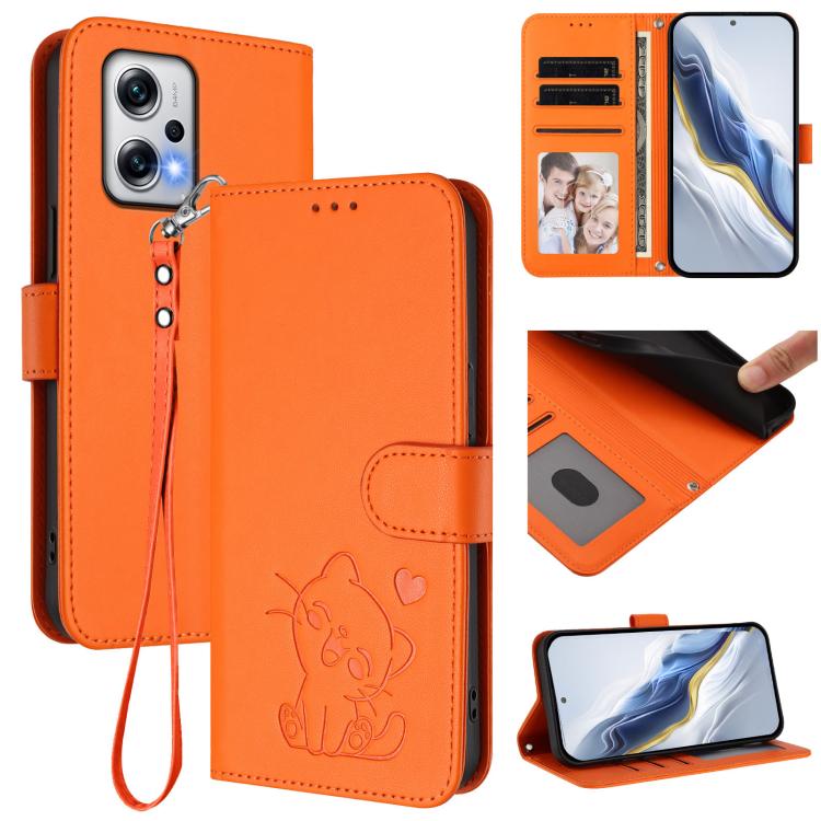 Embossed Heart Cat Leather Phone Case with Hand Strap, For Redmi K50i / Note 12T Pro, For Redmi Note 12 Turbo 5G / Xiaomi Poco F5