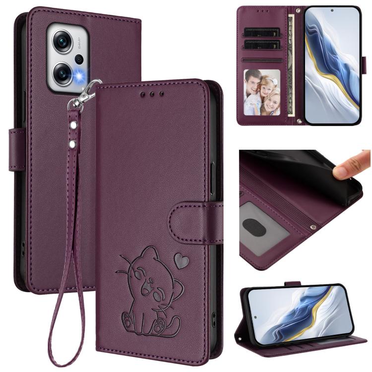 Embossed Heart Cat Leather Phone Case with Hand Strap, For Redmi K50i / Note 12T Pro, For Redmi Note 12 Turbo 5G / Xiaomi Poco F5