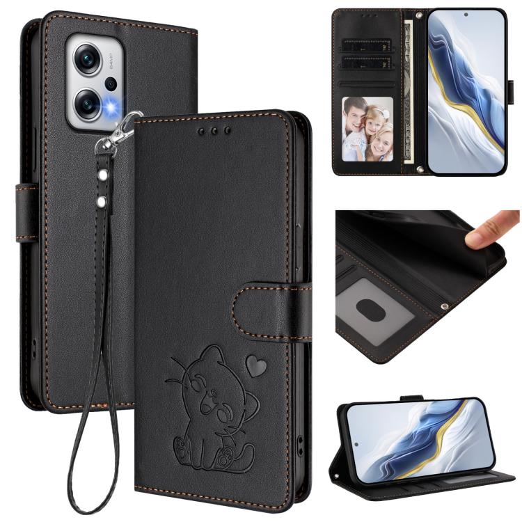 Embossed Heart Cat Leather Phone Case with Hand Strap, For Redmi K50i / Note 12T Pro, For Redmi Note 12 Turbo 5G / Xiaomi Poco F5