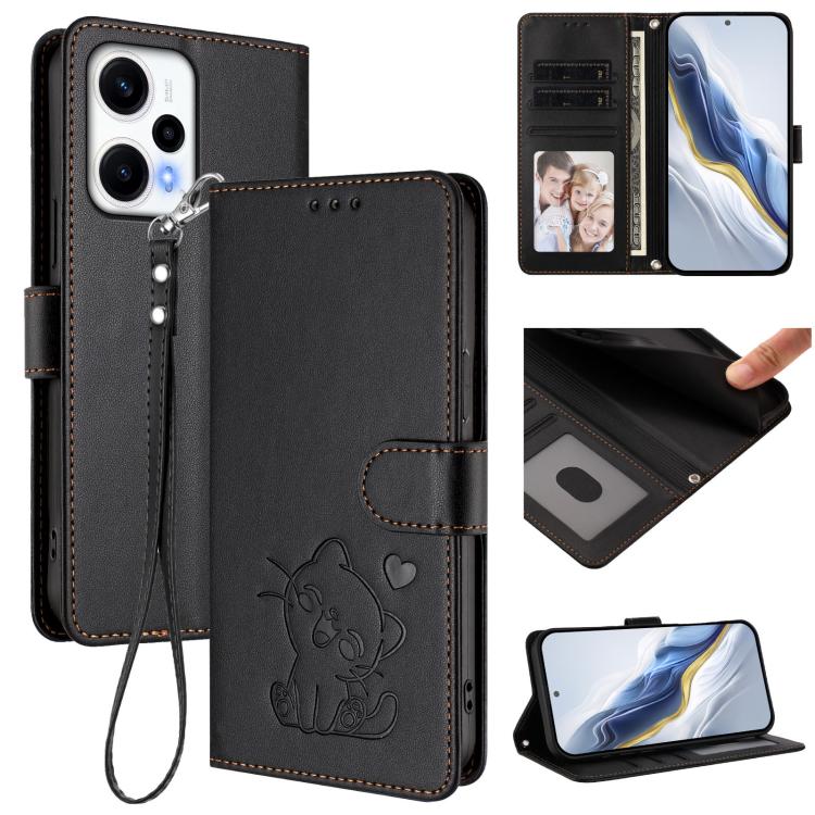 Embossed Heart Cat Leather Phone Case with Hand Strap, For Redmi K50i / Note 12T Pro, For Redmi Note 12 Turbo 5G / Xiaomi Poco F5