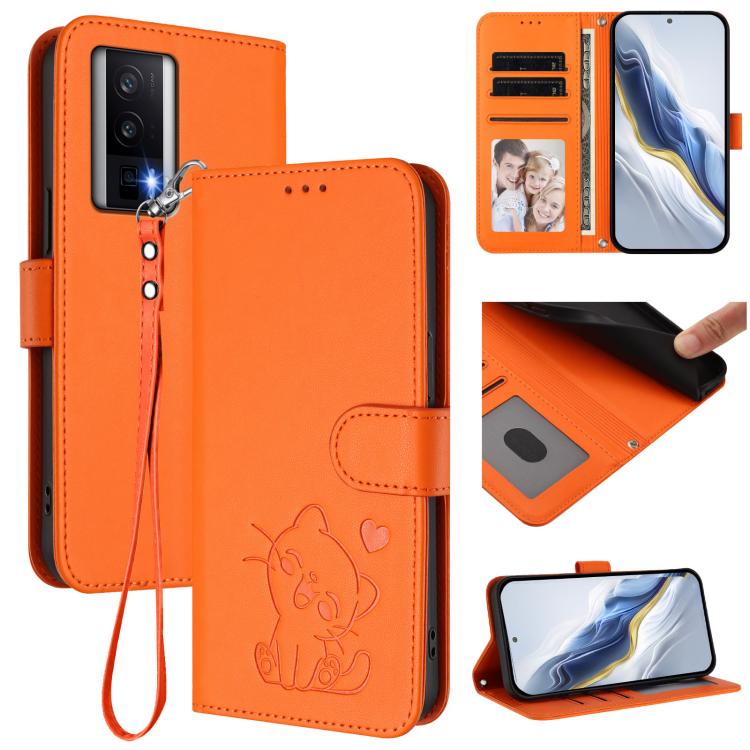 Embossed Heart Cat Leather Phone Case with Hand Strap, For Redmi K60 / K60 Pro, For Redmi Note 11 4G / Note 11S 4G Global