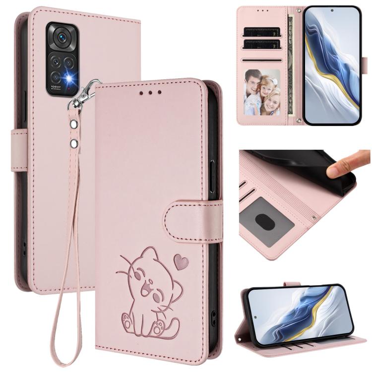 Embossed Heart Cat Leather Phone Case with Hand Strap, For Redmi K60 / K60 Pro, For Redmi Note 11 4G / Note 11S 4G Global
