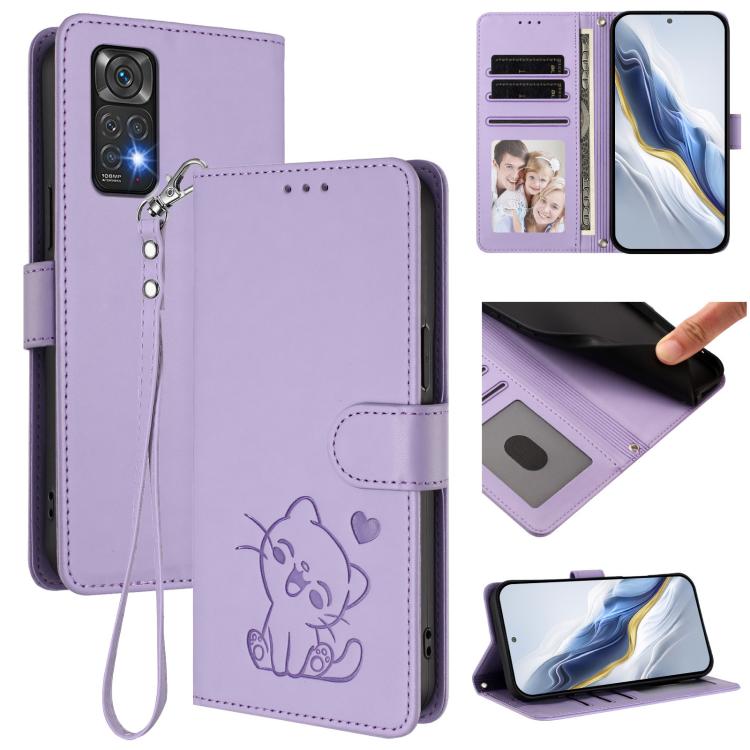 Embossed Heart Cat Leather Phone Case with Hand Strap, For Redmi K60 / K60 Pro, For Redmi Note 11 4G / Note 11S 4G Global