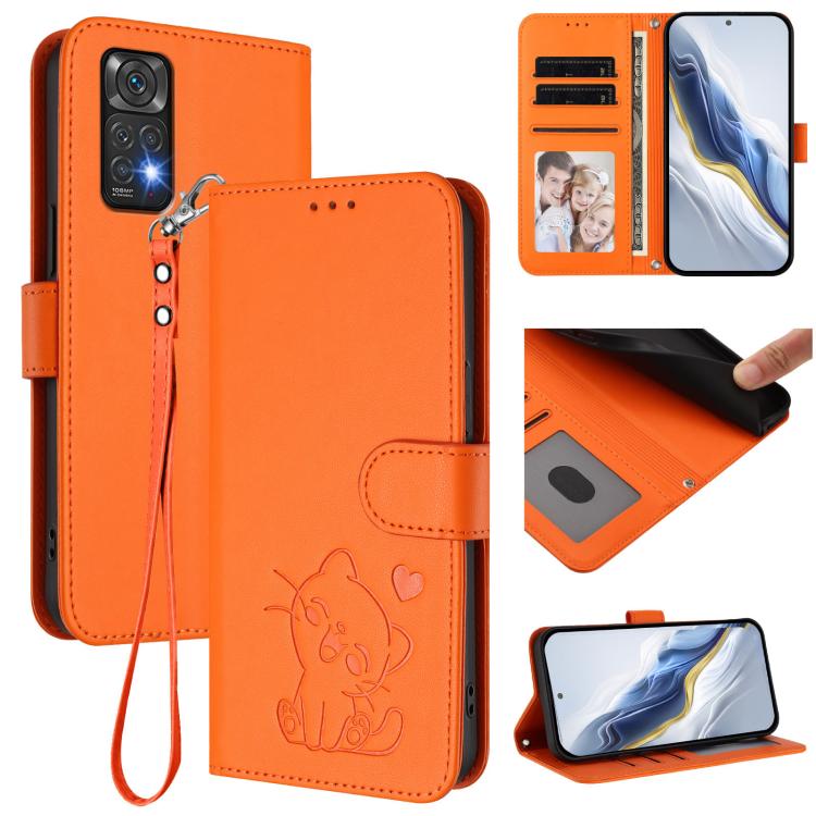 Embossed Heart Cat Leather Phone Case with Hand Strap, For Redmi K60 / K60 Pro, For Redmi Note 11 4G / Note 11S 4G Global