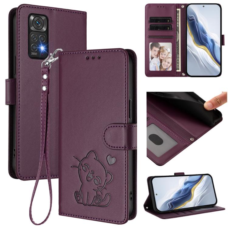 Embossed Heart Cat Leather Phone Case with Hand Strap, For Redmi K60 / K60 Pro, For Redmi Note 11 4G / Note 11S 4G Global
