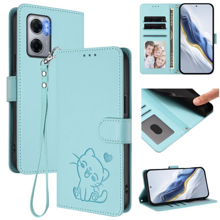 Embossed Heart Cat Leather Phone Case with Hand Strap, For Redmi 10 5G / 10 Prime+ 5G India, For Redmi K50 Ultra / Xiaomi 12T / 12T Pro