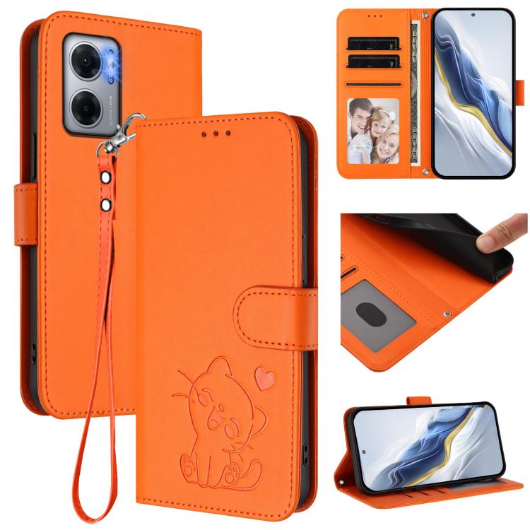 Embossed Heart Cat Leather Phone Case with Hand Strap, For Redmi 10 5G / 10 Prime+ 5G India, For Redmi K50 Ultra / Xiaomi 12T / 12T Pro