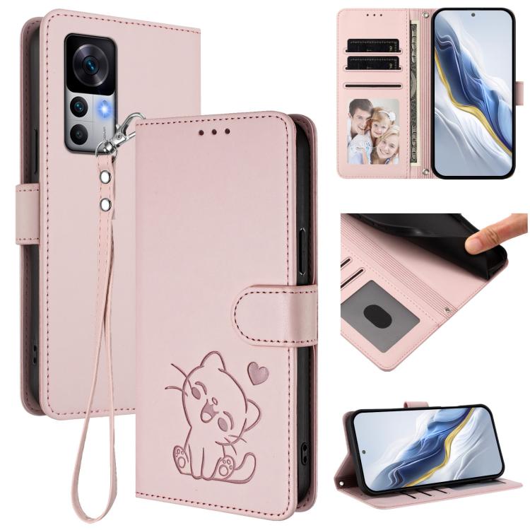 Embossed Heart Cat Leather Phone Case with Hand Strap, For Redmi 10 5G / 10 Prime+ 5G India, For Redmi K50 Ultra / Xiaomi 12T / 12T Pro