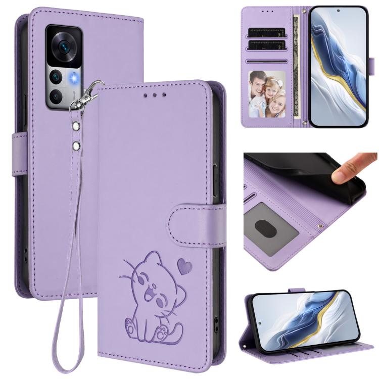 Embossed Heart Cat Leather Phone Case with Hand Strap, For Redmi 10 5G / 10 Prime+ 5G India, For Redmi K50 Ultra / Xiaomi 12T / 12T Pro
