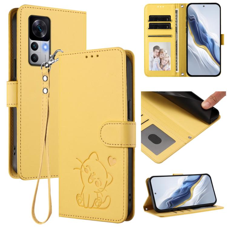 Embossed Heart Cat Leather Phone Case with Hand Strap, For Redmi 10 5G / 10 Prime+ 5G India, For Redmi K50 Ultra / Xiaomi 12T / 12T Pro