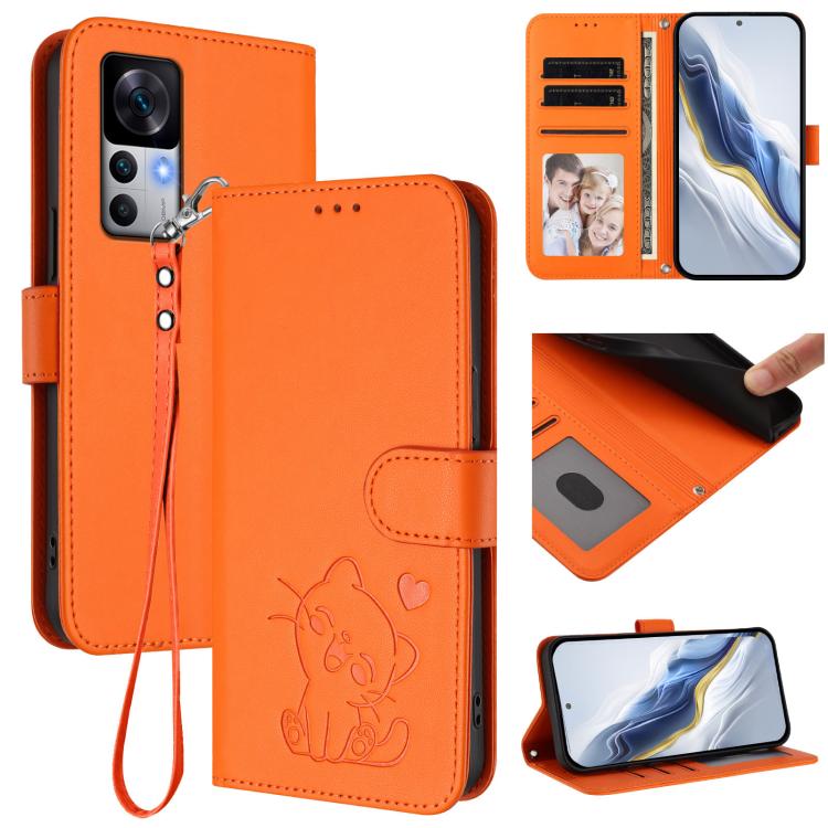 Embossed Heart Cat Leather Phone Case with Hand Strap, For Redmi 10 5G / 10 Prime+ 5G India, For Redmi K50 Ultra / Xiaomi 12T / 12T Pro