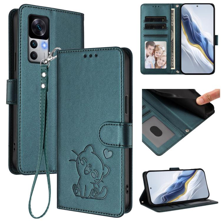 Embossed Heart Cat Leather Phone Case with Hand Strap, For Redmi 10 5G / 10 Prime+ 5G India, For Redmi K50 Ultra / Xiaomi 12T / 12T Pro
