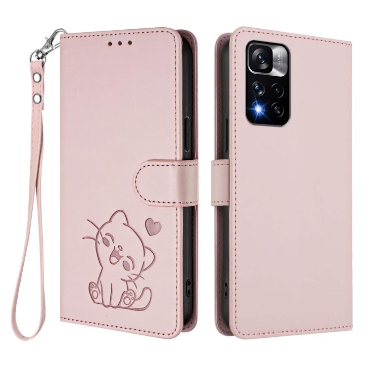 Embossed Heart Cat Leather Phone Case with Hand Strap, For Redmi Note 11 Pro+ 5G EU, For Redmi 10 2022 India / 10C
