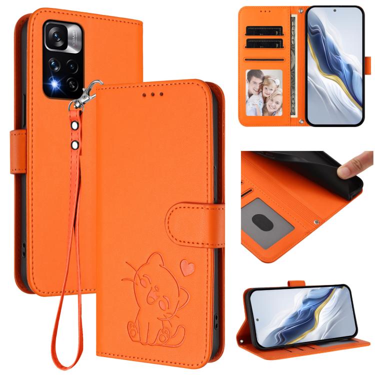 Embossed Heart Cat Leather Phone Case with Hand Strap, For Redmi Note 11 Pro+ 5G EU, For Redmi 10 2022 India / 10C
