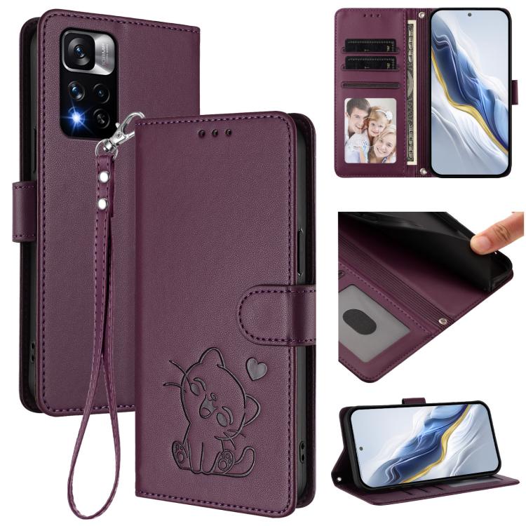 Embossed Heart Cat Leather Phone Case with Hand Strap, For Redmi Note 11 Pro+ 5G EU, For Redmi 10 2022 India / 10C