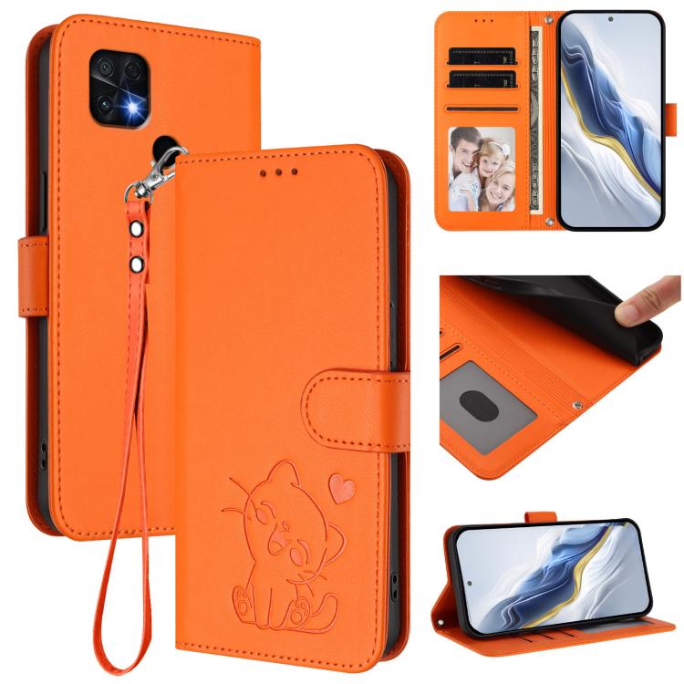 Embossed Heart Cat Leather Phone Case with Hand Strap, For Redmi Note 11 Pro+ 5G EU, For Redmi 10 2022 India / 10C