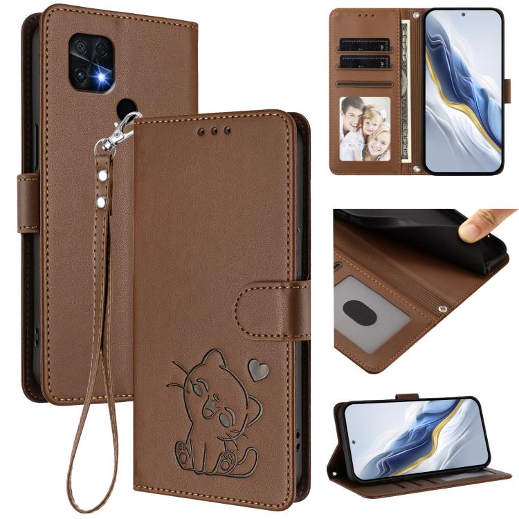 Embossed Heart Cat Leather Phone Case with Hand Strap, For Redmi Note 11 Pro+ 5G EU, For Redmi 10 2022 India / 10C