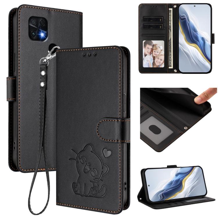 Embossed Heart Cat Leather Phone Case with Hand Strap, For Redmi Note 11 Pro+ 5G EU, For Redmi 10 2022 India / 10C