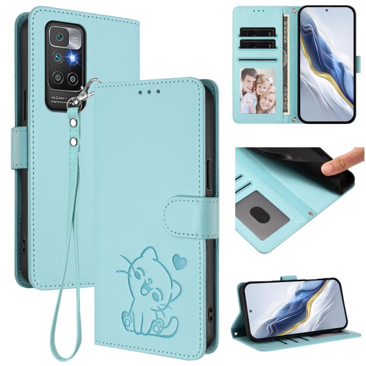 Embossed Heart Cat Leather Phone Case with Hand Strap, For Redmi 10 2022