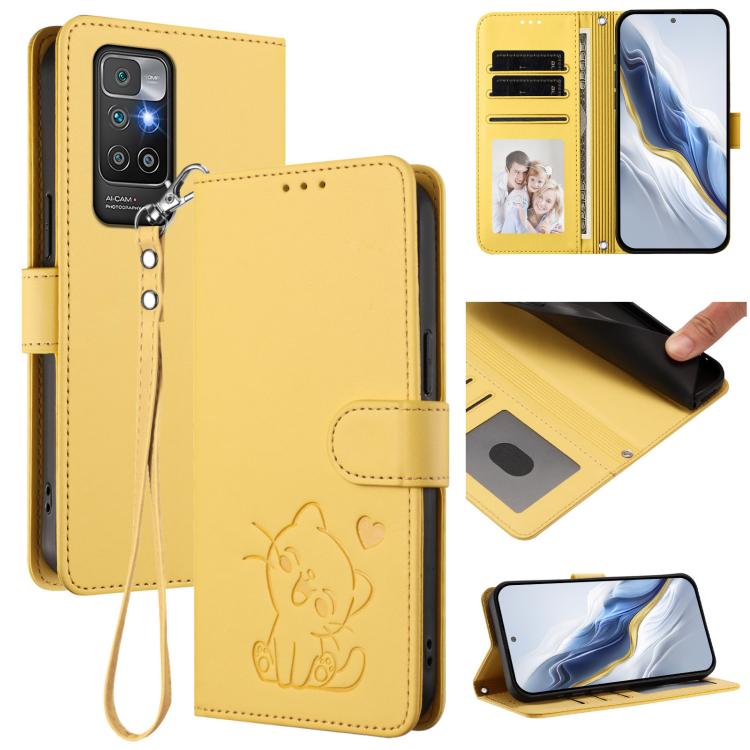 Embossed Heart Cat Leather Phone Case with Hand Strap, For Redmi 10 2022