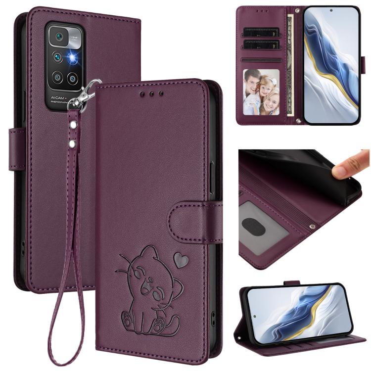 Embossed Heart Cat Leather Phone Case with Hand Strap, For Redmi 10 2022