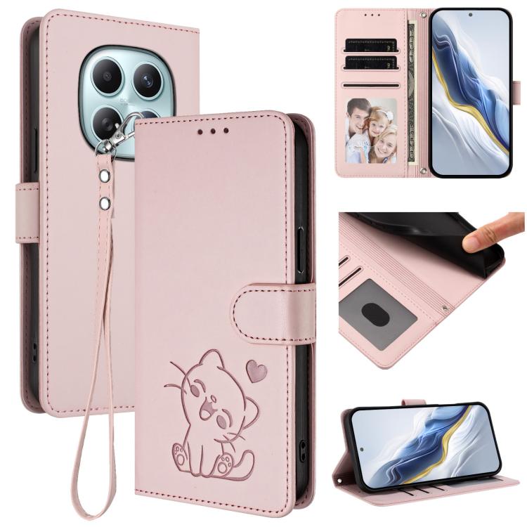 Embossed Heart Cat Leather Phone Case with Hand Strap, For Redmi Note 15 Pro+ 5G 163.3mm/Poco M8 Pro 5G, For Redmi Note 15 5G / 4G 164mm / Poco M8 5G
