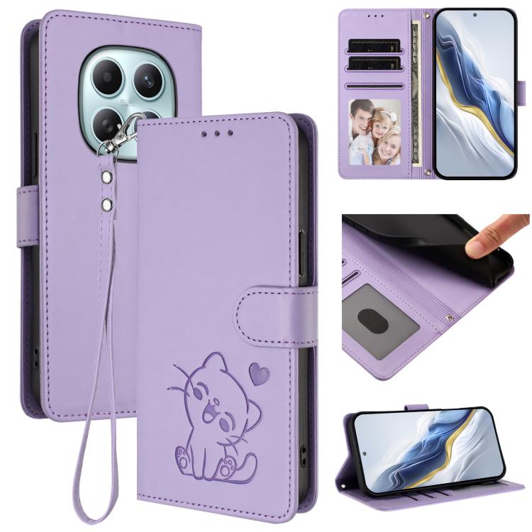 Embossed Heart Cat Leather Phone Case with Hand Strap, For Redmi Note 15 Pro+ 5G 163.3mm/Poco M8 Pro 5G, For Redmi Note 15 5G / 4G 164mm / Poco M8 5G
