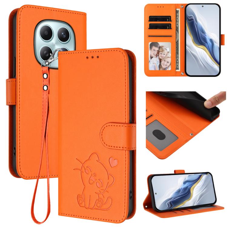 Embossed Heart Cat Leather Phone Case with Hand Strap, For Redmi Note 15 Pro+ 5G 163.3mm/Poco M8 Pro 5G, For Redmi Note 15 5G / 4G 164mm / Poco M8 5G