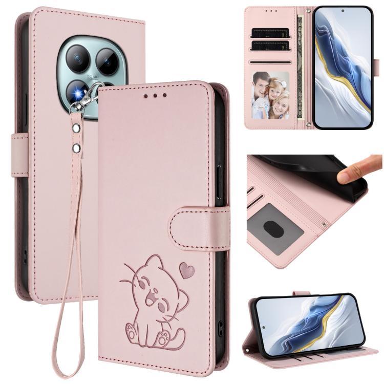 Embossed Heart Cat Leather Phone Case with Hand Strap, For Redmi Note 15 Pro+ 5G 163.3mm/Poco M8 Pro 5G, For Redmi Note 15 5G / 4G 164mm / Poco M8 5G