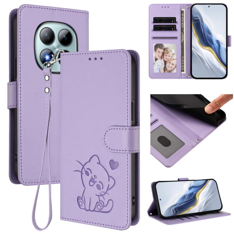 Embossed Heart Cat Leather Phone Case with Hand Strap, For Redmi Note 15 Pro+ 5G 163.3mm/Poco M8 Pro 5G, For Redmi Note 15 5G / 4G 164mm / Poco M8 5G
