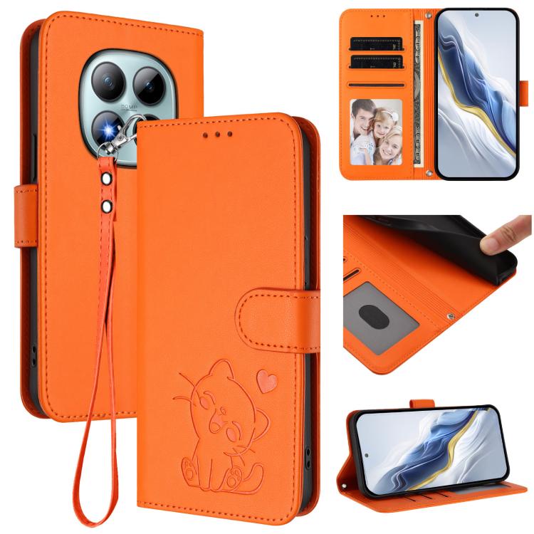 Embossed Heart Cat Leather Phone Case with Hand Strap, For Redmi Note 15 Pro+ 5G 163.3mm/Poco M8 Pro 5G, For Redmi Note 15 5G / 4G 164mm / Poco M8 5G