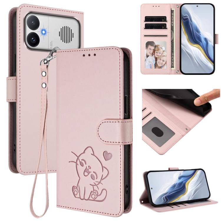 Embossed Heart Cat Leather Phone Case with Hand Strap, For Redmi A5 4G 171.7mm / Xiaomi Poco C71, For Redmi K90 Max 5G
