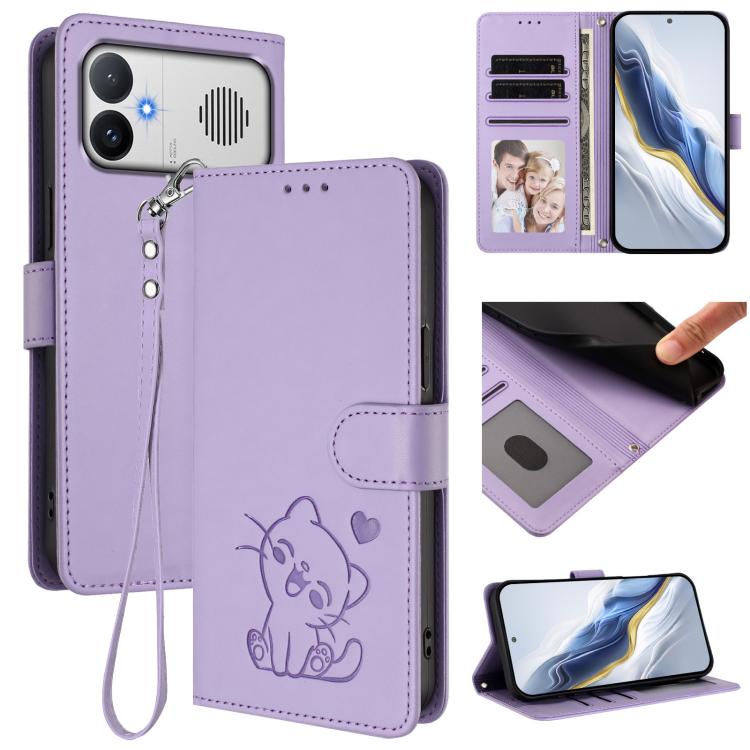 Embossed Heart Cat Leather Phone Case with Hand Strap, For Redmi A5 4G 171.7mm / Xiaomi Poco C71, For Redmi K90 Max 5G